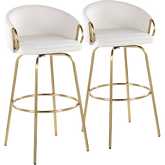 Claire 30" Swivel Bar Stool in Gold & Cream Velvet w/ Round Gold Footrest (Set of 2)